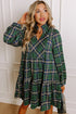 Plaid Frilled Collar Notched V Neck Tiered Long Sleeve Mini Dress